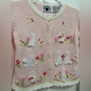 Hartstrings Pink Bunny Cardigan Sweater Girls 3T Easter y2k Embroidered